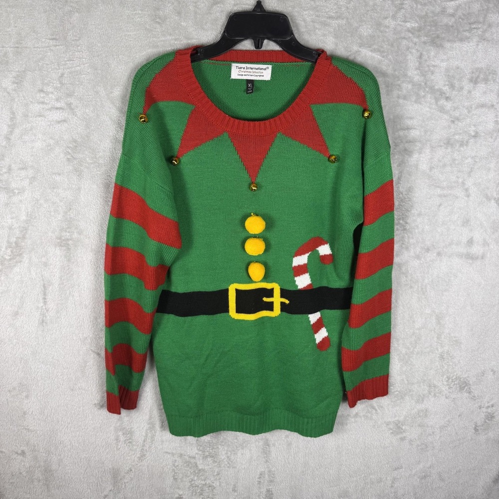 Tiara International Sweater Womens XL Green Red Elf Christmas Ugly Holiday Bells